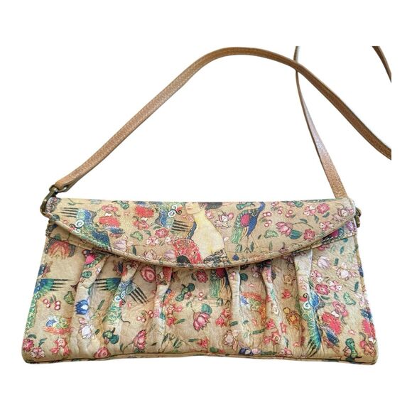 Icon Los Angeles Crossbody Handbag Genuine Leather Pleated Floral Peacocks - Picture 1 of 14
